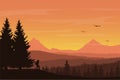 Vector illustration of mountain landscape with forest and photographer under orange sky with flying birds Royalty Free Stock Photo