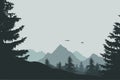 Vector illustration of mountain landscape with forest under gray