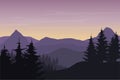 Vector illustration of a mountain landscape with a hill and forest under a morning purple sky