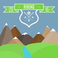 Vector illustration. Mountain landscape and mountain trek emblem Royalty Free Stock Photo