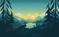 Vector illustration of a mountain landscape with a river and a forest, beautiful sunrise panorama view, generative ai Royalty Free Stock Photo