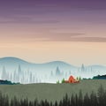 Vector illustration of mountain landscape with silhouettes of misty pine trees in forest with sunrise, Peaceful panoramic natural Royalty Free Stock Photo