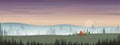 Vector illustration of mountain landscape with silhouettes of misty pine trees in forest with sunrise, Peaceful panoramic natural