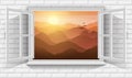 Vector illustration of mountain landscape with sunrise in morning through view of open window Royalty Free Stock Photo