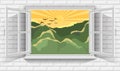 Vector illustration of mountain landscape with sunrise in morning through view of open window Royalty Free Stock Photo