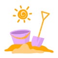 Vector illustration of a mountain of sand,a shovel and a baby bucket. Game for children on the beach in the sand by the sea. Royalty Free Stock Photo