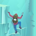 Vector illustration of a mountaineer climbing to the top of a winter slope slope