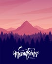 Vector illustration. Mountains dawn landscape with pine forest on foreground. Royalty Free Stock Photo