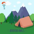 Vector illustration with mountains, tent in forest and paraplanerist in sky. Royalty Free Stock Photo