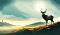 Vector illustration mountains woodland background with reindeer caribou against Royalty Free Stock Photo