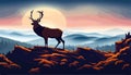 Vector illustration mountains woodland background with reindeer caribou against Royalty Free Stock Photo