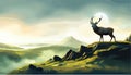 Vector illustration mountains woodland background with reindeer caribou against Royalty Free Stock Photo