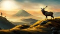 Vector illustration mountains woodland background with reindeer caribou against Royalty Free Stock Photo