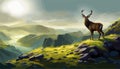 Vector illustration mountains woodland background with reindeer caribou against Royalty Free Stock Photo