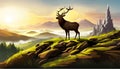 Vector illustration mountains woodland background with reindeer caribou against Royalty Free Stock Photo