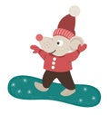 Vector illustration of mouse in clothes snowboarding. Cute woodland animal doing winter activities. Royalty Free Stock Photo