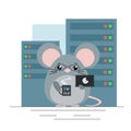 Vector illustration. Mouse - programmer standing with computer and coffee in server room.