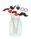 Vector illustration of moustache, glasses, lips, heart, crown, pipe on stick in a glass jar.