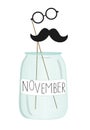 Vector illustration of moustache and glasses on stick in a glass jar.