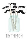 Vector illustration of moustache on stick in a glass jar.