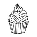 Vector illustration of muffin with cream in doodle style. Cute hand drawn cupcake. For greeting cards, posters, labels