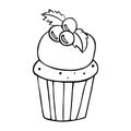 Vector illustration of muffin with cream in doodle style. Cute hand drawn cupcake. For greeting cards, posters, labels