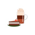 Vector illustration of a mug with a coffee drink and a piece of cake on a saucer. Royalty Free Stock Photo