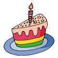 multi-colored birthday cake with candle on plate