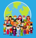 Vector Illustration Of Multicultural National Children, People On Planet Earth
