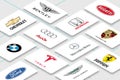 illustration of multiple car manufacturer business card for editorial use. Include Bentley, Bugatti, Porsche and Ferrari