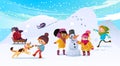 Vector Illustration of multiracial kids playing outdoors. Girls and boys making snowman in winter, children playing in Royalty Free Stock Photo