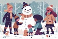 Vector Illustration of multiracial kids playing outdoors. Girls and boys making snowman in winter, children playing in snowballs, Royalty Free Stock Photo