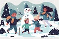 Vector Illustration of multiracial kids playing outdoors. Girls and boys making snowman in winter, children playing in snowballs, Royalty Free Stock Photo