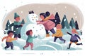 Vector Illustration of multiracial kids playing outdoors. Girls and boys making snowman in winter, children playing in snowballs, Royalty Free Stock Photo