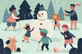 Vector Illustration of multiracial kids playing outdoors. Girls and boys making snowman in winter, children playing in snowballs, Royalty Free Stock Photo