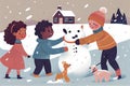 Vector Illustration of multiracial kids playing outdoors. Girls and boys making snowman in winter, children playing in snowballs, Royalty Free Stock Photo