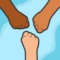 Vector illustration of multiracial race skin ethnic hand fist unite together friendship