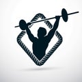 Vector illustration of muscular bodybuilder holding barbell. Power lifting competition. Royalty Free Stock Photo