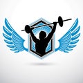 Vector illustration of muscular bodybuilder holding barbell. Power lifting competition. Royalty Free Stock Photo