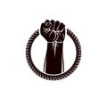 Vector illustration of muscular clenched fist of strong man raised up and surrounded by rope. Revolution leader concept, civil wa