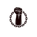 Vector illustration of muscular clenched fist of strong man raised up and surrounded by iron chain. Global authority as the means Royalty Free Stock Photo