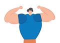 Vector illustration muscular man shows his arm muscles. Hand drawn