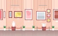 Vector illustration of museum or art gallery exhibition interior in cartoon flat style. Abstract art colorful paintings Royalty Free Stock Photo