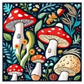 vector illustration with mushrooms, branches, leaves and berries. Set of autumn forest plants, fly Royalty Free Stock Photo