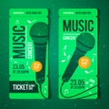 Vector illustration music concert event ticket design template with cool microphone and vintage effects