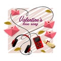A vector illustration of music player and headphone with pink romance envelope for valentine day celebration poster