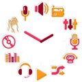 Music time. Activities icons in a watch sphere with hours.