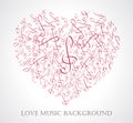 Vector illustration of musical heart with notes and music signs Royalty Free Stock Photo
