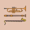 Vector illustration of musical instrument. Outline icon set. Trumpet, flute, clarinet