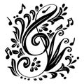 Vector illustration of a musical note on black and white with floral ornament.